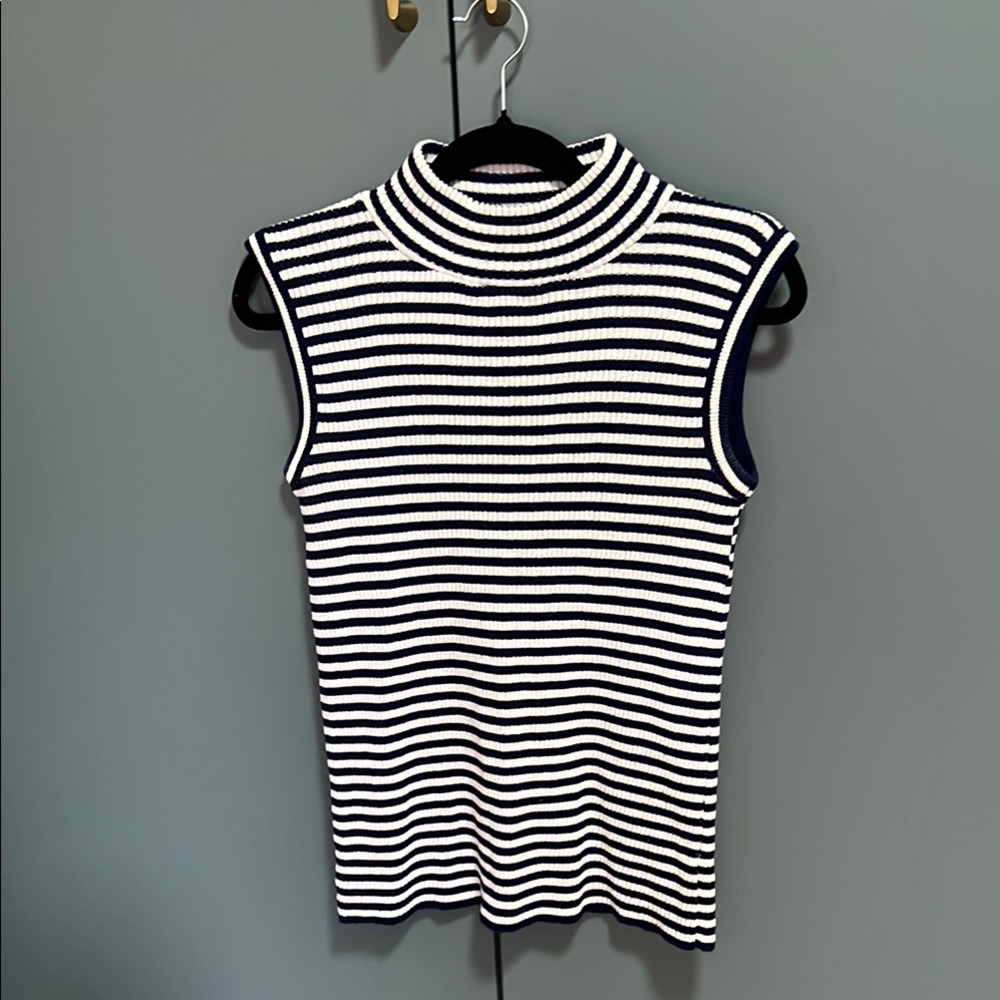 Navy and White Ribbed Fitted Tank Top